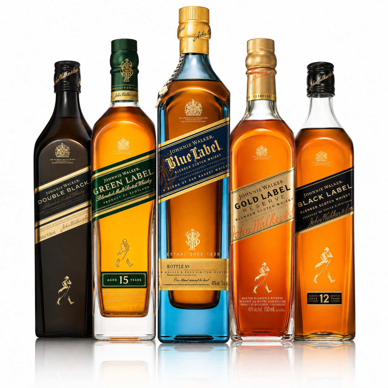 Blue Label, Gold Label Reserve, Double Black, Green Label & Black Label
